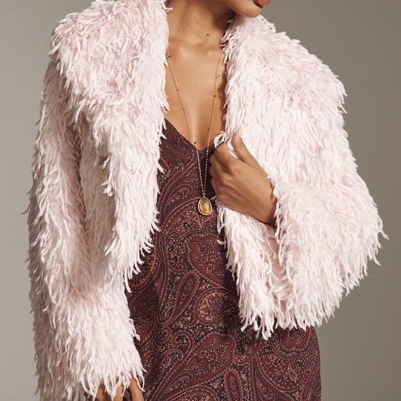 Anthropologie Jackets & Blazers - Anthropologie Pink Faux Feather Statement Teddy Jacket Coat Shaggy Fuzzy Cozy